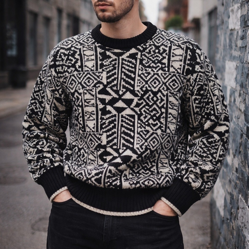 Vintage 90s Oakton Limited Sweater Graphic Knit Korea Men's Large Black White‎
